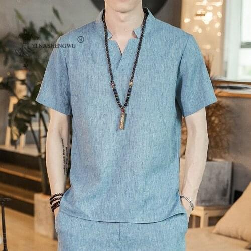 Summer New Japanese Style Men V Neck Short-Sleeved T-shirt Loose Top Trousers Asian Yukata Haori Casual Shirt Harajuku Costumes