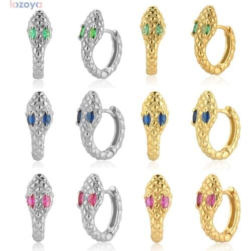 LOZOYA 925 Sterling Silver Rainbow Colorful Eye Zircon CZ Circle Hoops Huggies Women Fashion Clips Snake Pendiente Jewelry