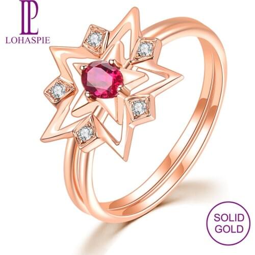 LP Solid Star Rings 18K Rose Gold for Women Gift Natural Gemstone Ruby Diamond Engagement Ring for July Birthday Gift 2019