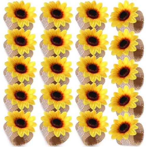 LUDA 20 Pieces Sunflower Napkin Ring Holder Yellow Flower Napkin Lace Linen Buckle For Wedding Banquet Christmas Dining Table
