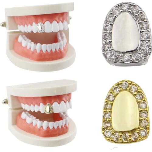 LuReen Fashion Gold Teeth Grillz For Unisex Single Top Tooth Cap Dental Teeth Grills Halloween Cosplay Tooth Jewelry Accessories
