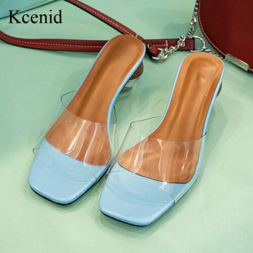 Kcenid Fashion PVC Women Slippers Summer Open Toe Med Heels Women Transparent Ball Heel Sandals Slippers Lady Party Shoes Pumps
