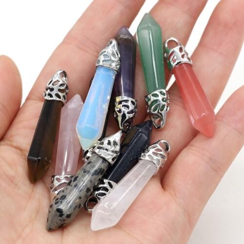 Natural Stone Amethysts Pendant Crystal Quartz Agates Hexagonal Charms for DIY Exquisite Necklace Jewelry Making Size 8x40mm