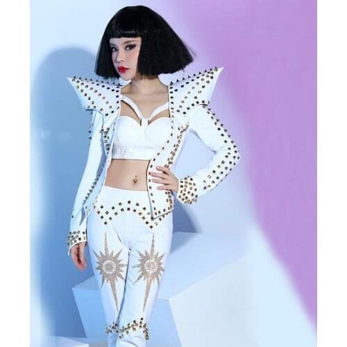 2020 New Bar nightclub female singer dj white punk ds rivet costume three-piece stage costume