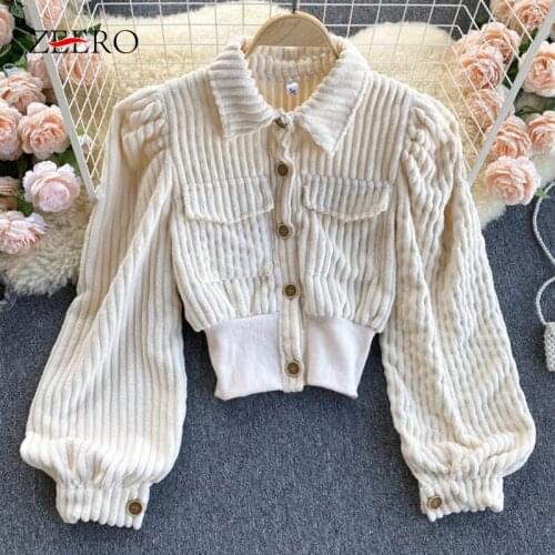 Spring Female Solid Color Corduroy Stripe Jacket Women Vintage Pocket Lantern Sleeve Single-breasted Elastic Waist Short Coat