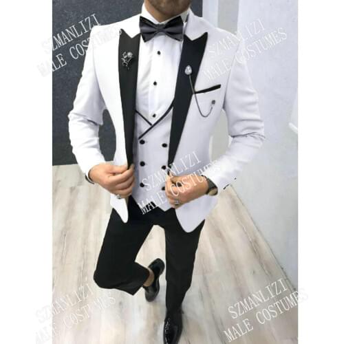 SZMANLIZI Groom Men Suit 2020 Custom Made Terno Slim Fit White Wedding Suits For Men Tuxedo Smoking Jacket Costume Homme 3 Piece