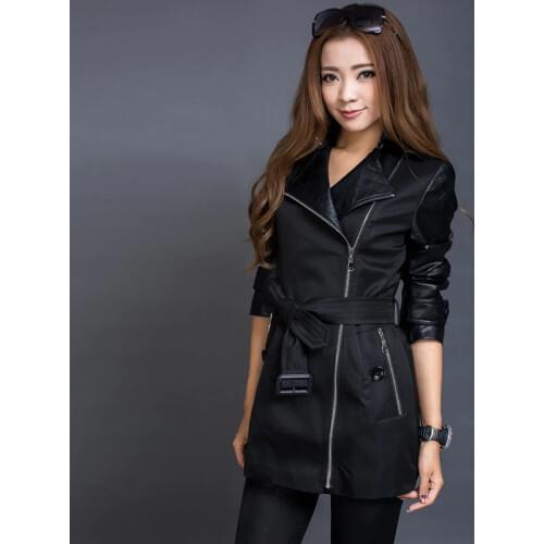Long Sleeved Trench Coat Women 2020 Spring And Autumn New Europe Fashion Slim Zipper Stitching Leather Medium Style C