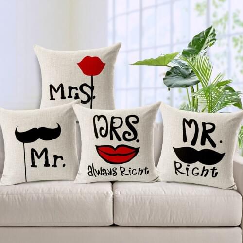 Creative Mr. Mrs Right Cushion Cotton Linen Home Decoration Sofa Office Throw Pillow Car Cushions Cover