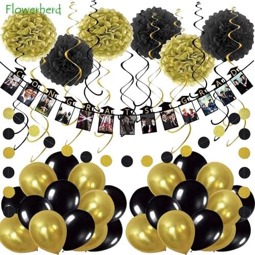 Party Decorations Black and Gold Photo Banner, Gold Black Balloons Paper Pompoms Hanging Swirls and Circle Dots for Party Class