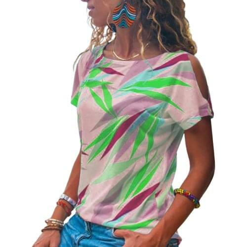 Casual Women T-Shirt O Neck Short Sleeve Cold Shoulder Leaves Print T-shirt Top Womens Clothing vetement femme футболка женский