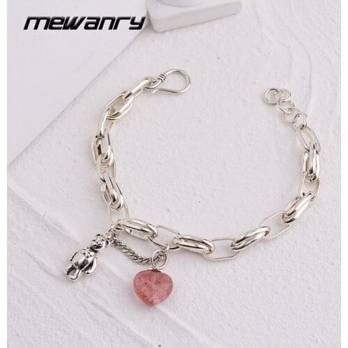 MEWANRY 925 Sterling Silver Bracelets for Women New Trendy Elegant Vintage Sweet Cute Bear Tassel Pink Strawberry Party Jewelry