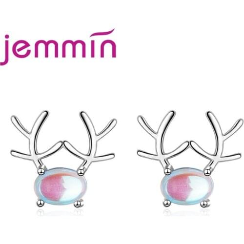 Exquisite Hot Sale Antlers Design Oval Opal Stone Genuine 925 Sterling Silver Stud Earring Woman Girl Banquet Accessories