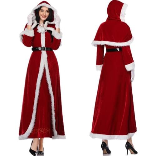 Sexy Christmas Costume Dress Women Fur Trim Christmas Santa Claus Cloak Xmas Costumes Winter Little Red Ridding Hood Long Dress