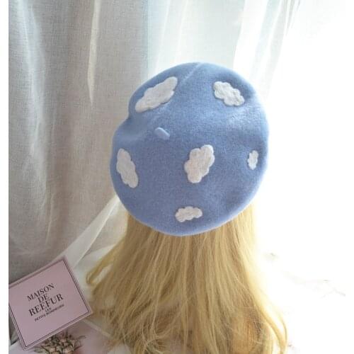 Kawaii Handmade Cartoon Clouds Sky Blue Beret Hat Women Vintage Lolita Mori Girl Wool Cap Gift Cute Casual French Painter Hats