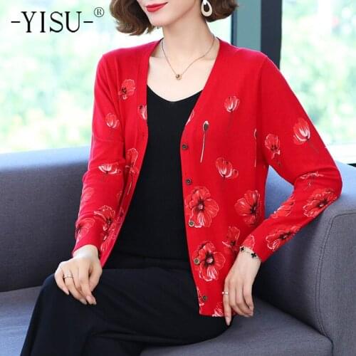 YISU New Womens clothing Cardigan Sweater Long Sleeve V-neck Knitted Sweater Coat Rose flower printing sweater cardigan Jacket