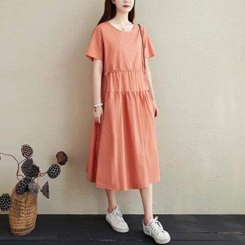 Women Cotton Linen Casual Dress New Arrival 2021 Summer Arts Style O-neck Solid Color Loose Comfortable Female Long Dresses B273