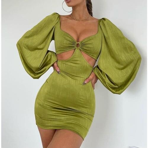 Vestido De Ropa Mujer Casual Fiesta Bubble Puff Sleeve Hollow Ring Low-cut Roupas Femininas Robe Femme Bodycon Women Dress 2021