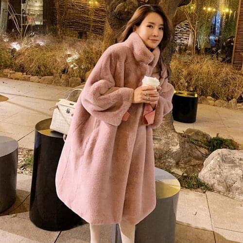 Winter womens mink coat fluffy soft artificial rabbit hair Korean 2021 new oversized Street womens pink fur coat medium long