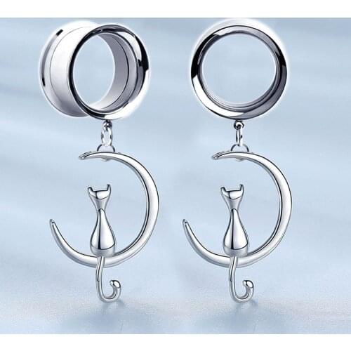 2pieces Stainless Steel Ear Tunnel Dilataciones Oreja Expansion Cat Dangle Cute Ear Reamer Ear Plug Gauges Body Ear Piercing