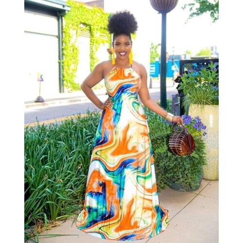 A8604 European and American sexy colorful printing milk silk sleeveless halter colorful dress long skirt