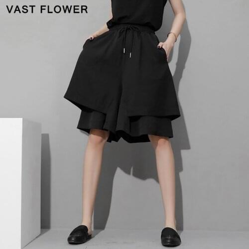 Irregular Spliced Black High Elastic Waist Wide Leg Pants Women New Pocket Loose Casual Knee Length Trousers Fashion Summer 2021