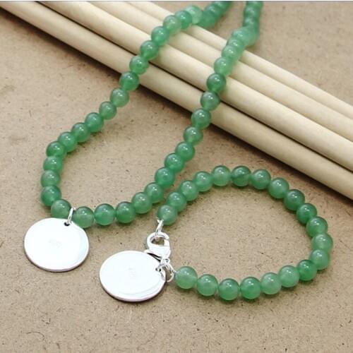 New 8mm Green Agate Beaded Chain 925 Sterling Silver Round Pendant Necklace Bracelet Set For WomenS Wedding Jewelry