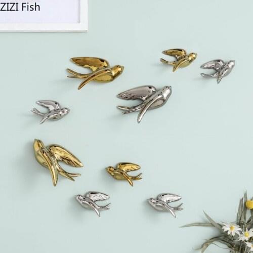 European Ceramic 3D Three-dimensional Bird Wall Hangings Electroplating Golden Silver Animal Indoor Wall Hanging Wall Decoration