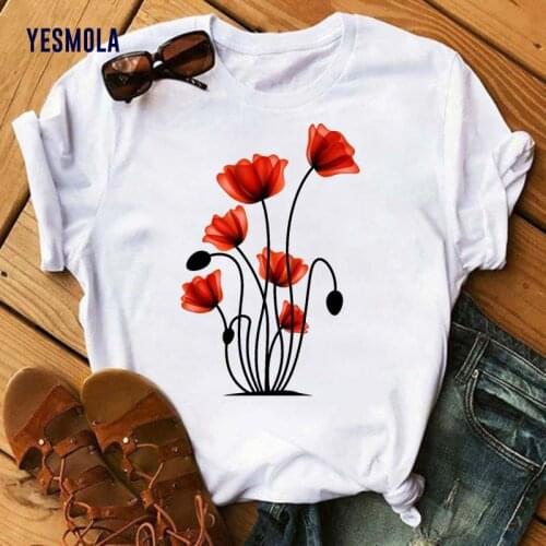 YESMOLA Women T Shirt Print Red Poppy Funny Tshirts O-neck Aesthetics Tshirt Casual Short Sleeve Streetwear Women Tops Tee 90s
