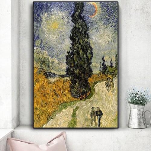 Famous Painter Van Gogh - Road with Cypress Under Starry Sky Poster and Print Canvas Painting Wall Art Painting for Living Room