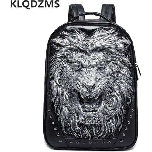 KLQDZMS PU Men Lion Decorated Backpack Hip-Hop Style Women New Travel Shoulder Bag Durable Laptop-Bag Hot Sell