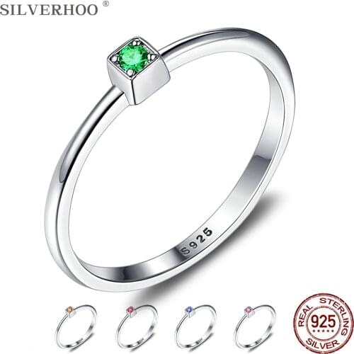 SILVERHOO Genuine 925 Sterling Silver Ring 5 Colors Wedding Rings For Women Minimalist Thin Circle Zircon Fine Silver Jewelry