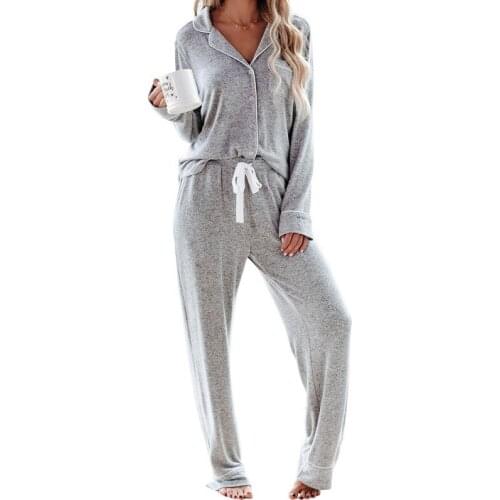 Womens Home Wear Solid Long Sleeve Simple Pajamas Sets Female Sleepwear 2pcs/set Sound Asleep Button Down Pajama Set Pant