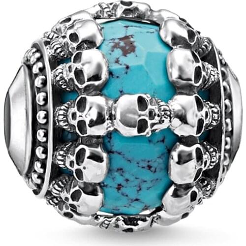 Muffiy Skull Karma Beads Silver Blue Stone Bead Fit Bracelet Necklace Skeleton DIY Bead Accessories Gift For Women Men Jewelry