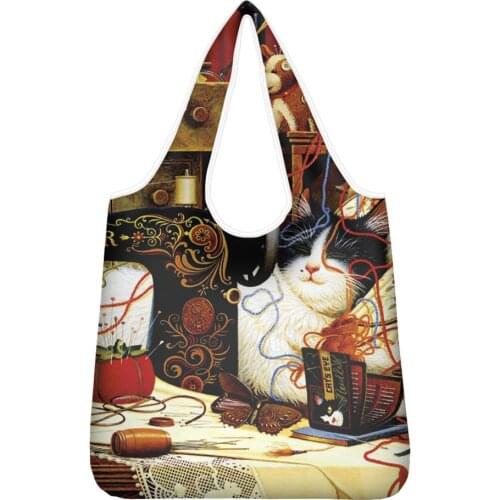HYCOOL New Reusable Folding Shopping Bag Cute Butterfly Cat Casual Washable Portable Shoulder Handbag Travel Shopping Pouch Bag
