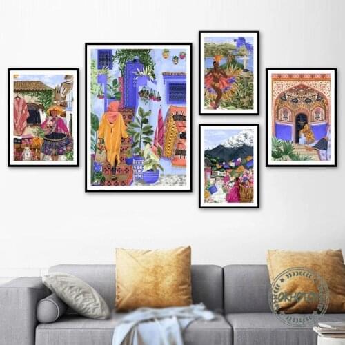 Cartoon Abstract Thailand Japan Jungle Woman Poster Waterfall Beach Leaves Flower Boho Wall Art Canvas Painting Nordic Pictures