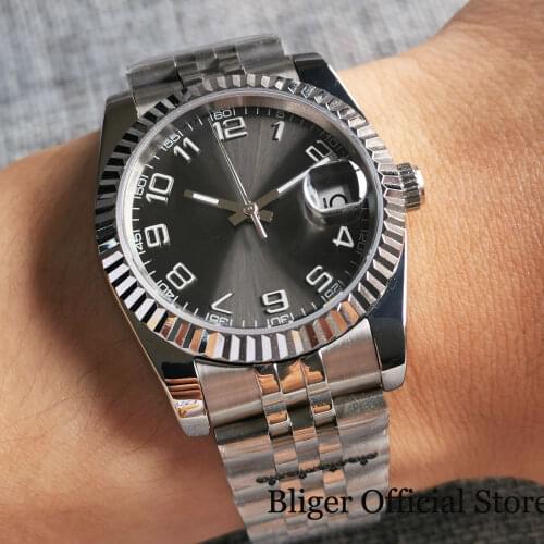 BLIGER Sapphire Crystal 36MM Date Fluted Bezel Grey Sunburst Automatic Men Watch 21 jewels MIYOTA 8215 Jubilee Steel Bracelet