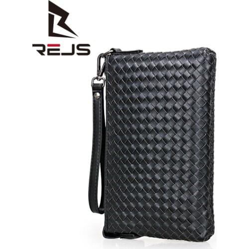 REJS LANGT Woven Cowhide Mens Clutch Bag Luxury Brand Woven Leather Bag Office Work Business Purse Simple Large Capacity Sac