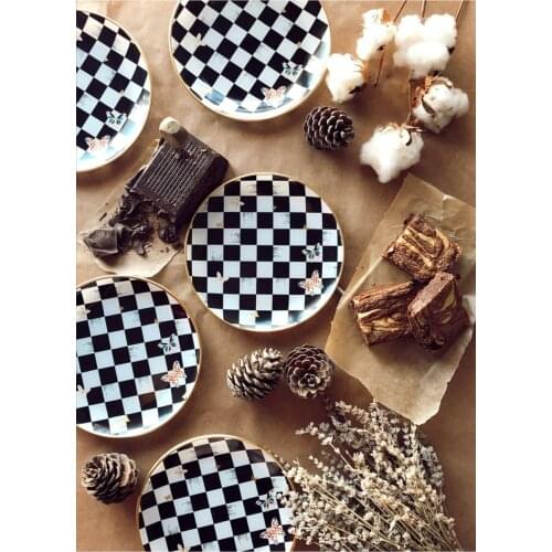 6Pcs 21Cm/8 Inch Animal Combined Plates Set Ceramic Plates Checkerboard Pattern Plates Steak Breakfast Cake Fruits Dish