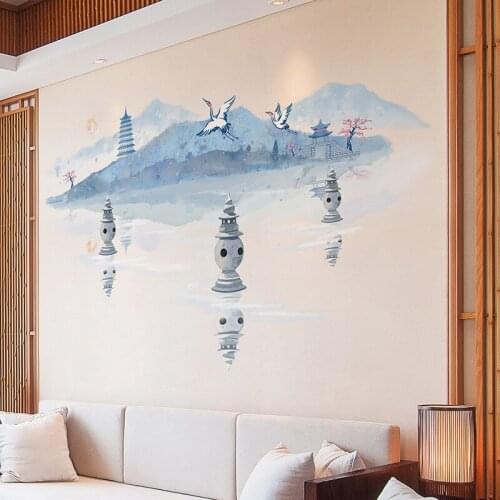 Blue Ink Painting Landscape Wall Stickers Chinese Style Living Room 3D Backdrop Wall Decor HomeOffice Decals for Furniture