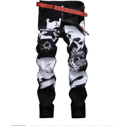 New Mens Male fashion casual shark white painting printed black jeans Fashion painted slim straight pants