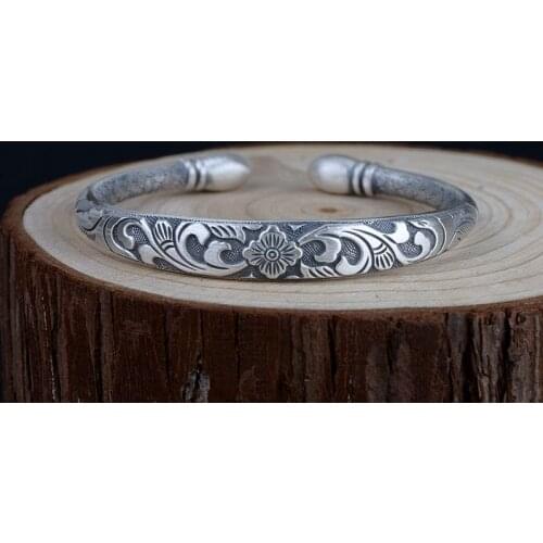 Solid 100% S999 Pure Silver Six Words Sutra Buddhism Bangles for Women Mother Lover Gift Jewelry Accessories Esposas