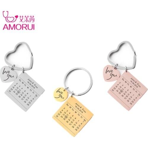 Personalized Calendar Keychain Stainless Steel Customized Calendar Anniversary Highlighted with Heart Custom Name Date Key Ring