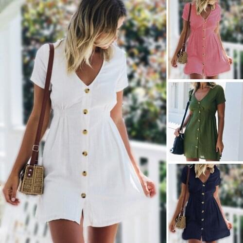 Womens Dress 2021 Spring Summer Pure Color Single Row Buttons V-Neck Cultivate Ones Morality High-Waisted Leisure Dress