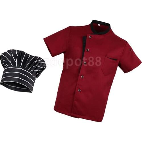 Adult Durable Five Star Chef Shirts Red Catering Uniform Mesh Sleeve Pen Pockets Chefwear Coat Chef Hat M