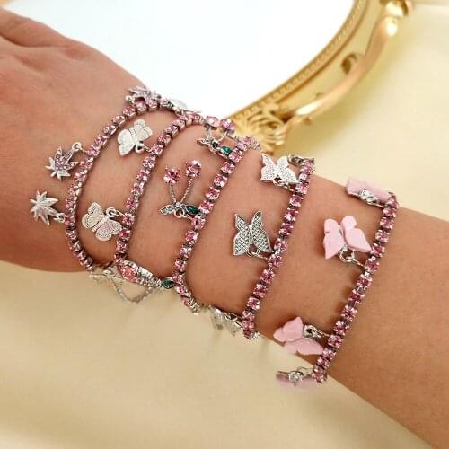JUST FEEL New Trendy Butterfly Cherry Crystal Bracelets for Women Pink Heart Rhinestone Charm Hand Chain Female Party Jewelry
