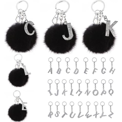 TEH Fluffy Black Pom pom Faux Fur Ball Keychains Crystal Letters Key Rings Trendy Jewelry for Women Bag Accessories Gifts Брелок