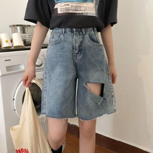 Street Wear High Waist Wide Leg Denim Shorts Women with Hole 2021 New Jean Shorts Women Summer Korean Style Women Bermuda Shorts