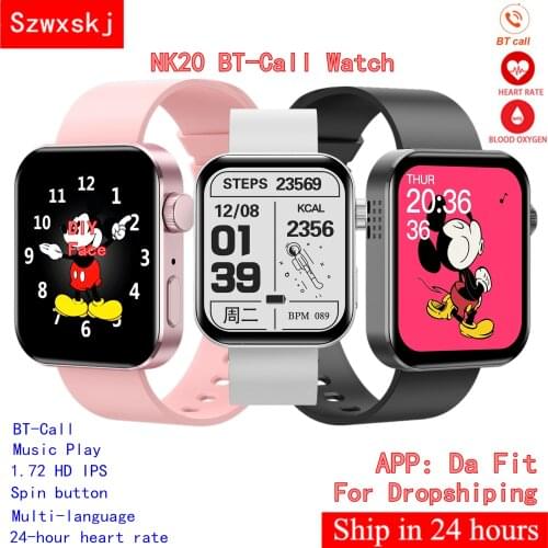 NK20 Smart Watch BT-Call 1.72" HD Full Touch Screen Music Play Heart Rate DIY Custom Dial PK P8 for Android IOS Waterpoof Watchs