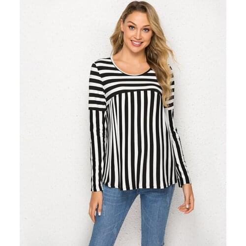 New Spring Autumn Women T Shirt O Neck Long Solor Fashion Patchwork Striped Printed Tops Loose Casual