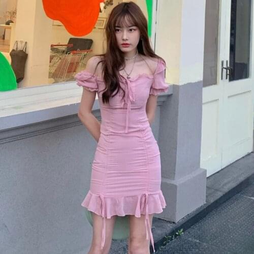 Dresses for women Retro drawstring puff sleeve dress female summer 2021 new skirt temperament Korean slim slim short skirt